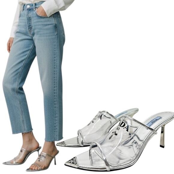 Prada Shoes - Prada Plex Transparent Pvc Triangle Logo Mule Sandals Silver Size 38.5